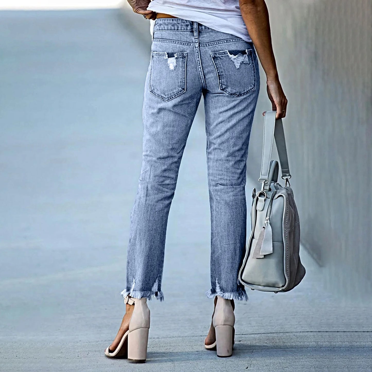 Ripped Slim Vintage Jeans Pencil Pants For Women Clothing Tassel Vintage Denim Trouser Female Bleached Pants New In