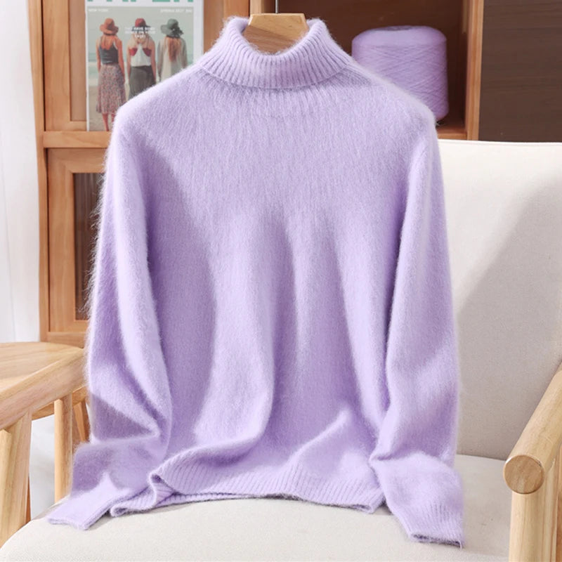 High End Mink Fur Sweater, Women's Solid Color High Collar Pullover, Cashmere Warm Sweater, Knitted Base Sweater, Autumn Winter