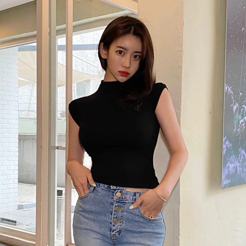 Summer New Sle Dongda Gate High Collar Slim Fit Retro Bodycon Vest T-irt Cotton Fabric No Sve Regular Length Women's Top