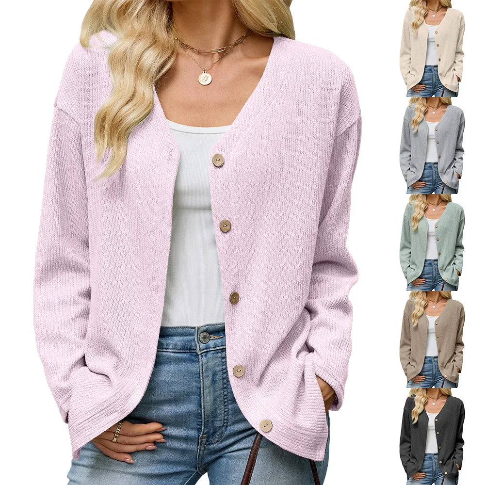 Women's V Neck Button Down Cardigan Long Sleeve Ribbed Knit Sweater Casual Loose Fit Outwear Tops