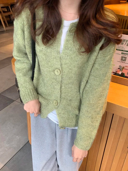 Avocado green Knitted Cardigan Sweater Women's long sleeve Vintage Outerwear Gentle Top V-neck Long Sleeve Regular Fit