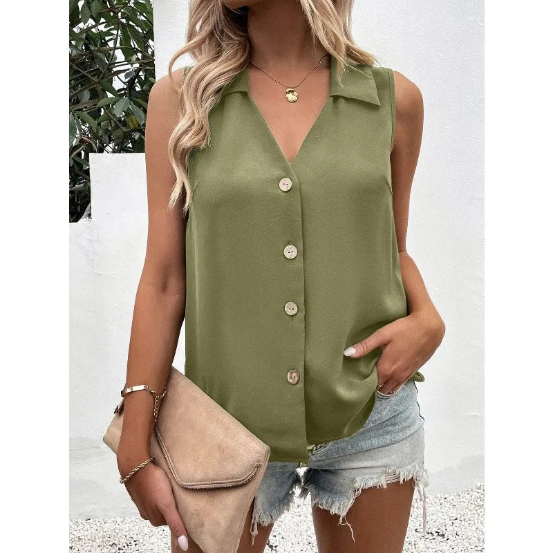 Women's V-Neck Button Chiffon Blouse Summer Lightweight Loose Casual Sleeveless Top Office Lady Solid Color Basic Vest