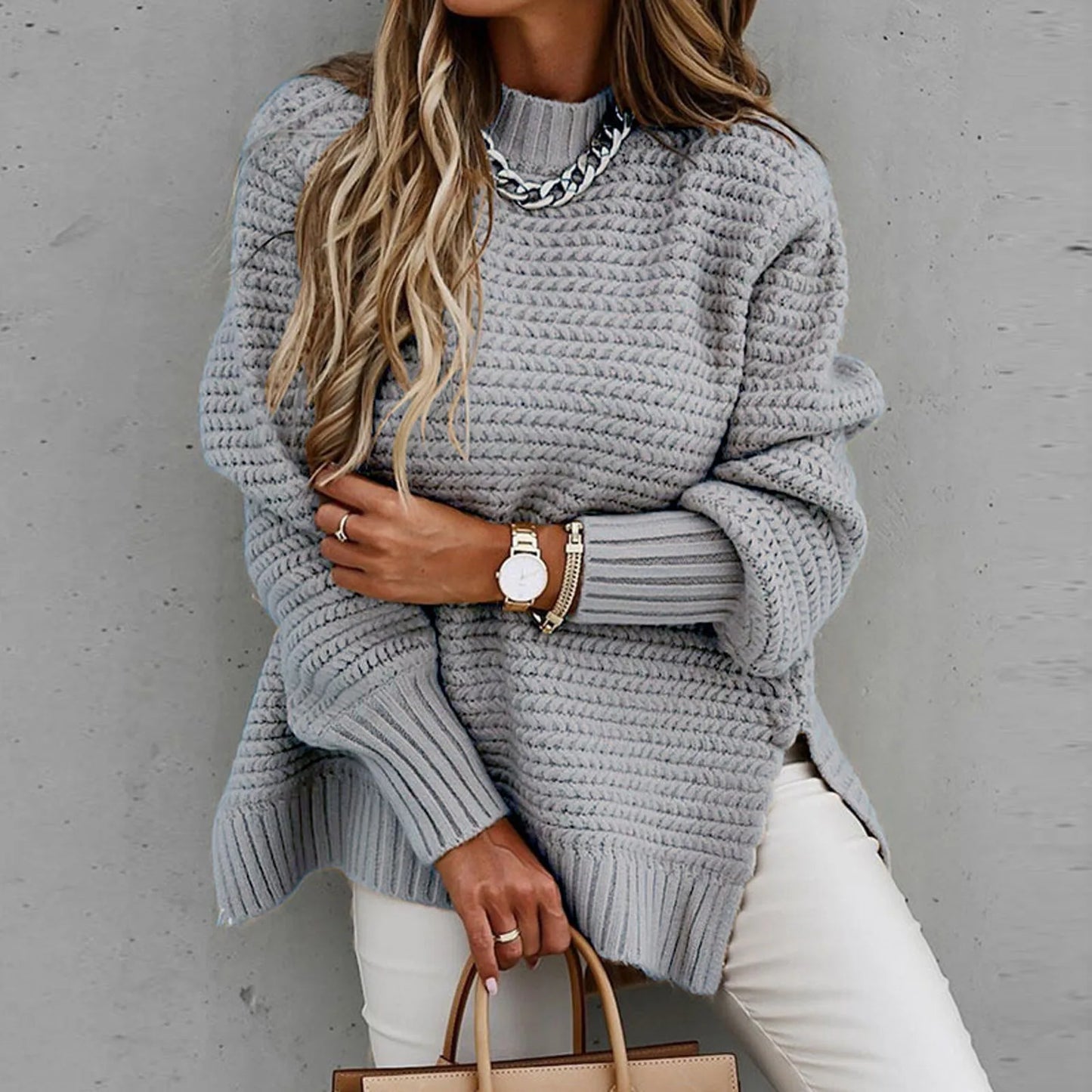 Ladies Long Sleeve Coarse Knit Sweaters Fashion One Knit Tops Sweet Style Irregular Acrylic Blend Long Sleeve Mid-Length