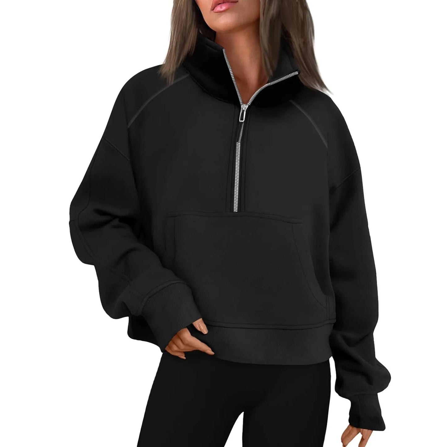 New Women's Hoodies Autumn Winter Stand Collar Plus Fleece Solid Color Sweatshirts Long Sleeve Pocket Loose Half Zip Pullover