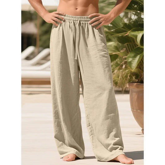 Men's Beige Linen Pants Casual Pants Summer Loose Fit Elastic Waist Straight Leg Pants Lightweight Casual Home Lounge Wear