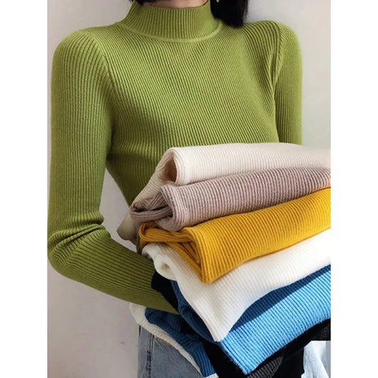 Early Spring, Autumn Winter Mock Neck Women Sweater Vintage Basic Solid Knitted Tops Casual Slim Pullover Korean Sweaters Simple Chic Jumpers