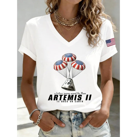 2026 New Arrival Women's Artemis II Print T-Shirts Summer Short Sleeve V Neck Tops Casual Daily White Tees
