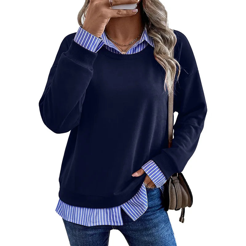 Women's Casual Fake Two Piece Sweatshirt Contrast Collar Striped Patchwork Long Sleeve Crewneck Pullover Top Spring, Autumn, Winter