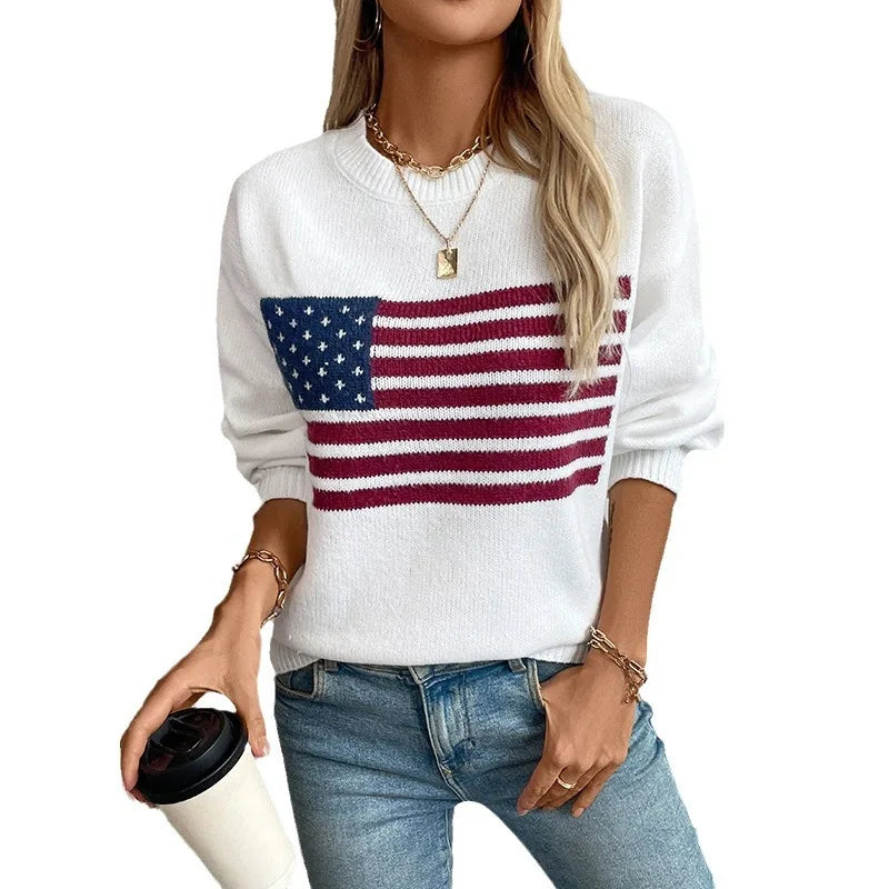 Women's sweater 2024 autumn and winter new American flag pullover crew neck cross-border knitted sweater women's clothing