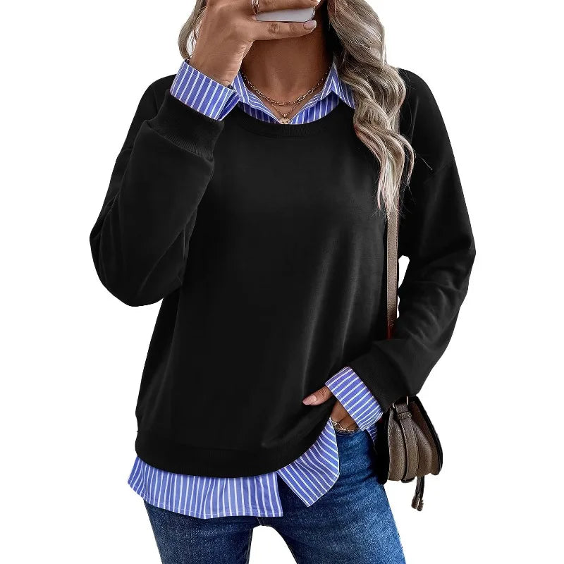 Women's Casual Fake Two Piece Sweatshirt Contrast Collar Striped Patchwork Long Sleeve Crewneck Pullover Top Spring, Autumn, Winter