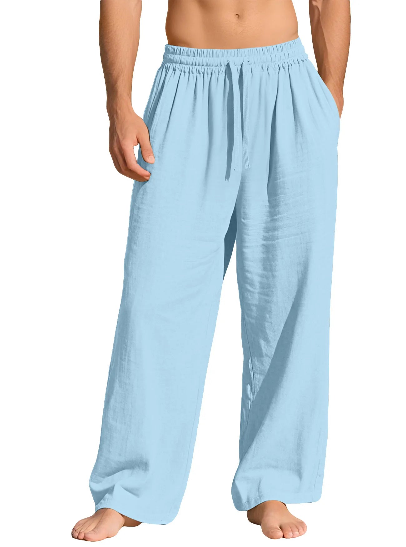 Men's Beige Linen Pants Casual Pants Summer Loose Fit Elastic Waist Straight Leg Pants Lightweight Casual Home Lounge Wear