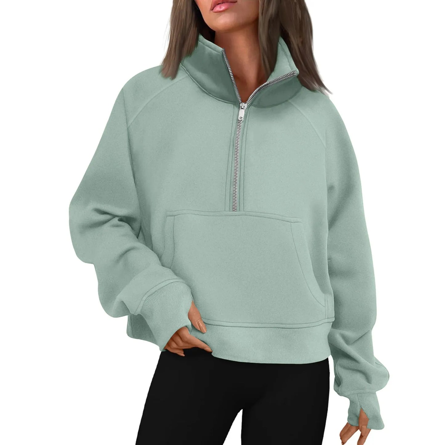 New Women's Hoodies Autumn Winter Stand Collar Plus Fleece Solid Color Sweatshirts Long Sleeve Pocket Loose Half Zip Pullover