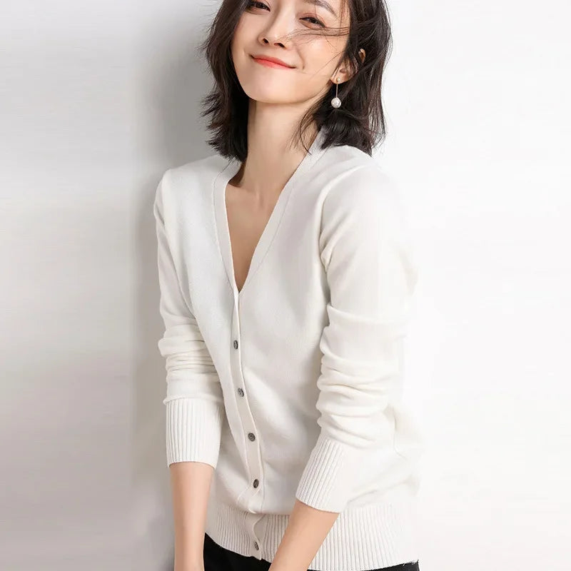 2026 Women Cardigans Long Sleeve Knitted Outerwear Solid Thin Spring / Autumn Sweaters V-neck Knitwear Cardigans