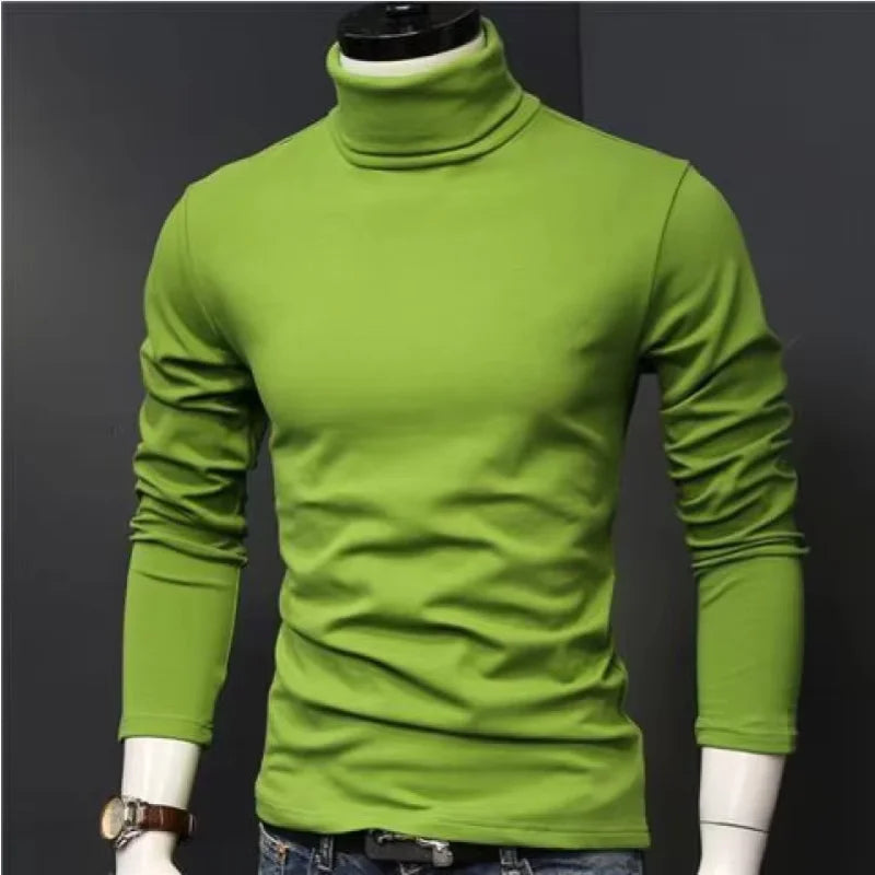 2025 Autumn New Men Mid To High Collar Warm Clothes Solid Color Outdoor Leisure  Male Running Slimming Long Sleeve Bottom Shirt