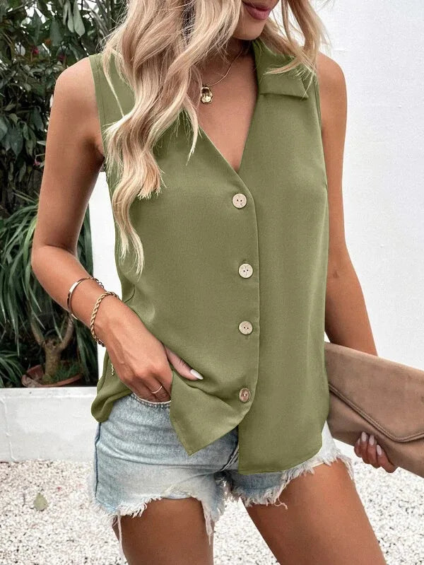 Women's V-Neck Button Chiffon Blouse Summer Lightweight Loose Casual Sleeveless Top Office Lady Solid Color Basic Vest