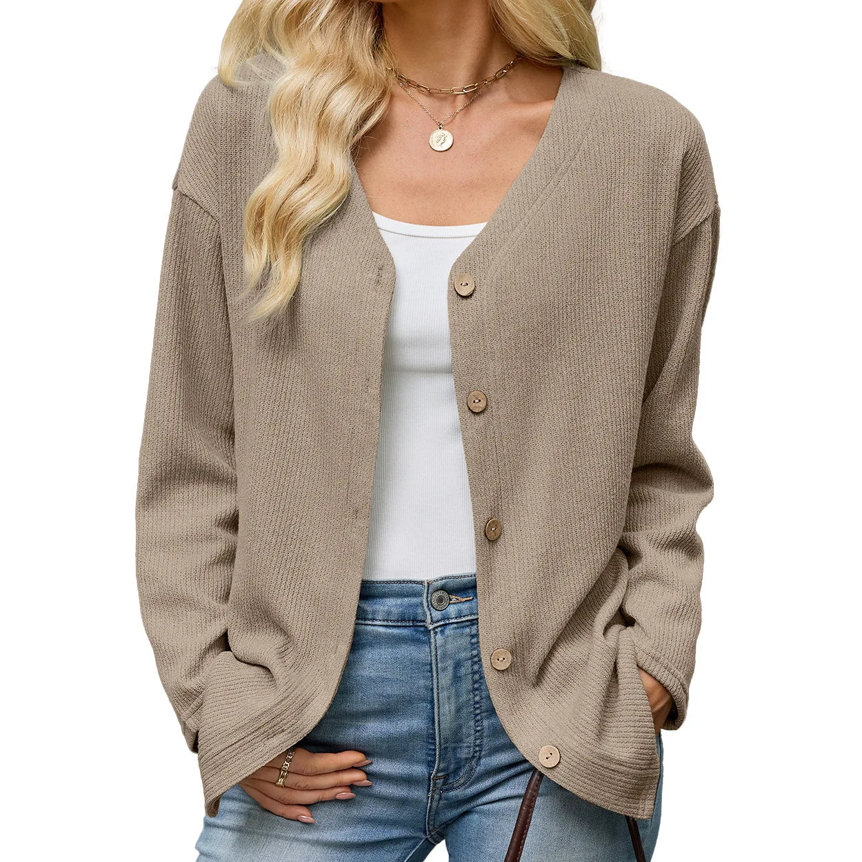 Women's V Neck Button Down Cardigan Long Sleeve Ribbed Knit Sweater Casual Loose Fit Outwear Tops