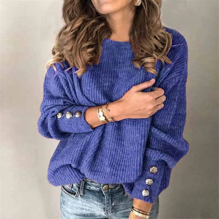 Women's Long Sleeve round Neck Button Sweater Top T-shirt Clean Fit City Walk Linen Blend Princess Sleeve