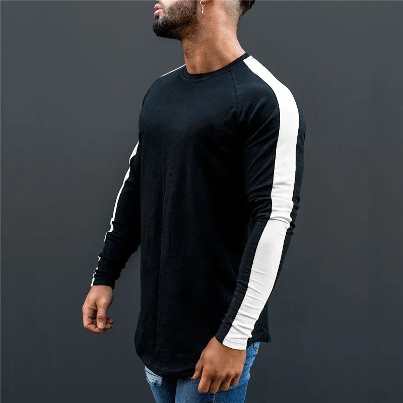 Plain Bodybuilding Sport Shirts Breathale Cotton Long Sleeve Tops Gym Fitness T-Shirts Slim Fit Contrast Color Hip Hop Clothing