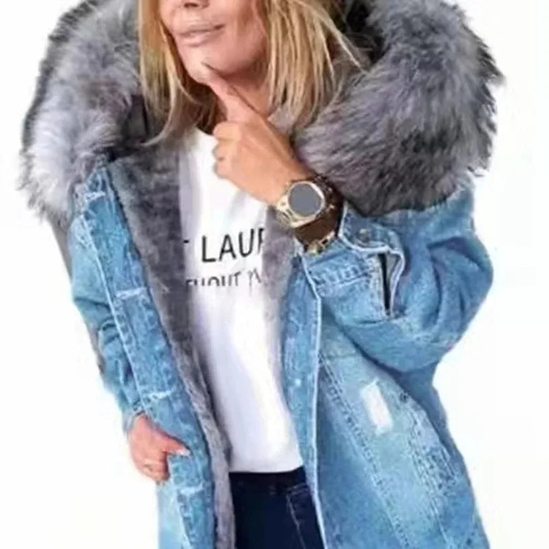 Women's Denim Jacket Hole Design Thickened Autumn Winter New Style Cotton Casual Fashion Outerwear Upper Apparel