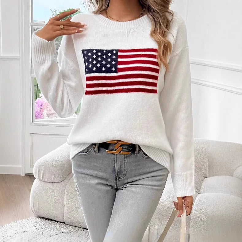 Retro National Flag Long Sleeve Crew Neck Knitted Sweater Autumn Winter Women's High-End Feeling Top Loose Fit Single Piece