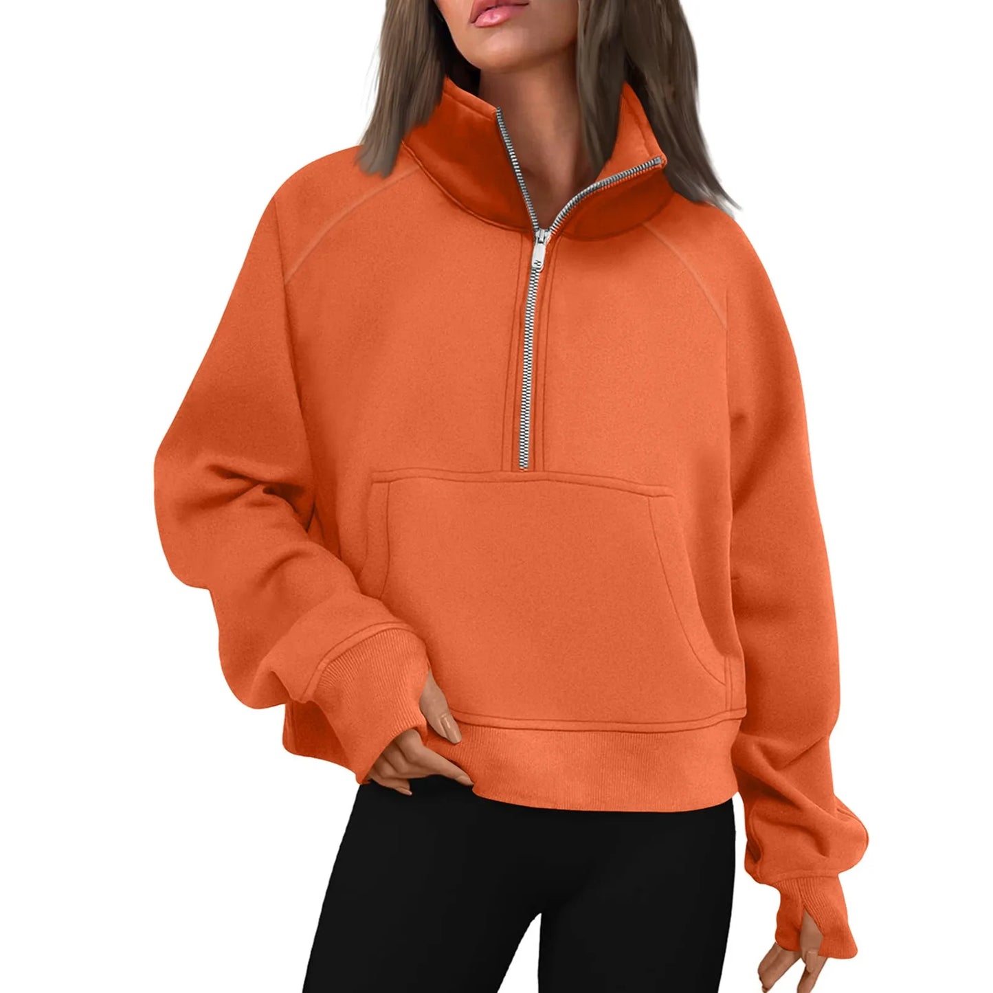 New Women's Hoodies Autumn Winter Stand Collar Plus Fleece Solid Color Sweatshirts Long Sleeve Pocket Loose Half Zip Pullover