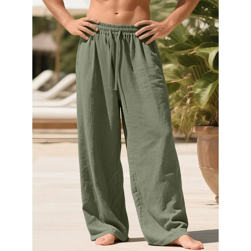 Men's Beige Linen Pants Casual Pants Summer Loose Fit Elastic Waist Straight Leg Pants Lightweight Casual Home Lounge Wear