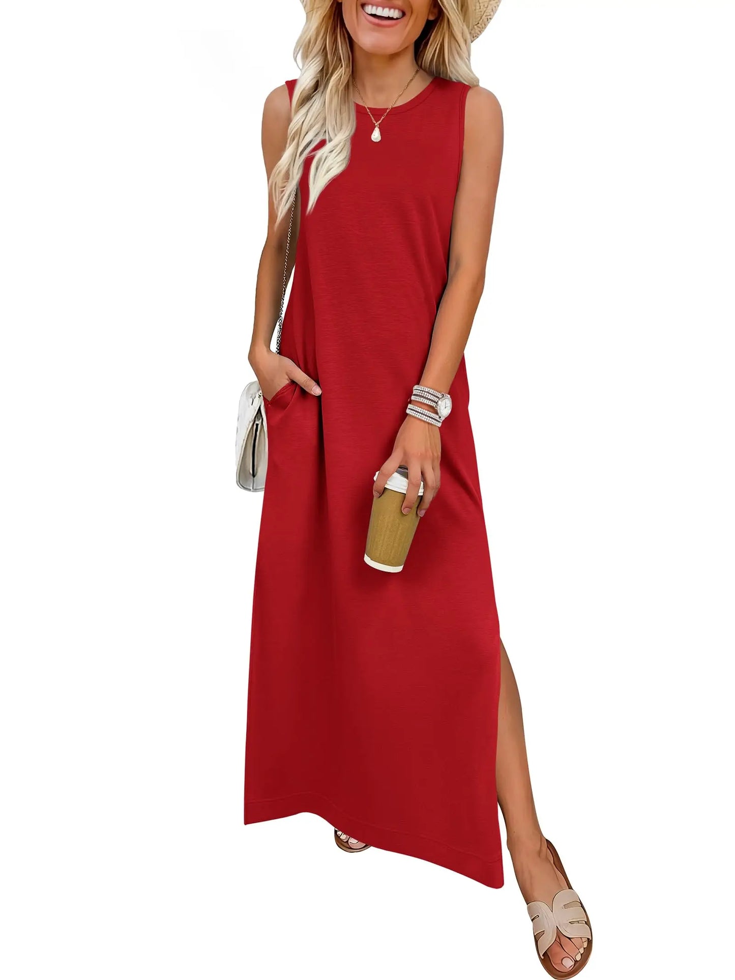 Women Summer Sleeveless Maxi Sundress With Pockets Casual Beach Vacation Dress