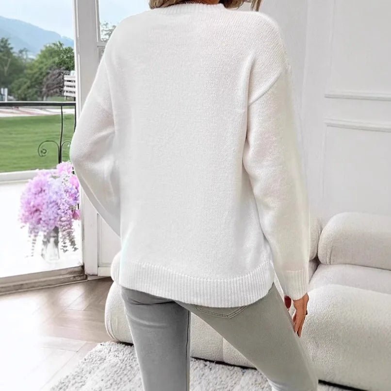 Retro National Flag Long Sleeve Crew Neck Knitted Sweater Autumn Winter Women's High-End Feeling Top Loose Fit Single Piece