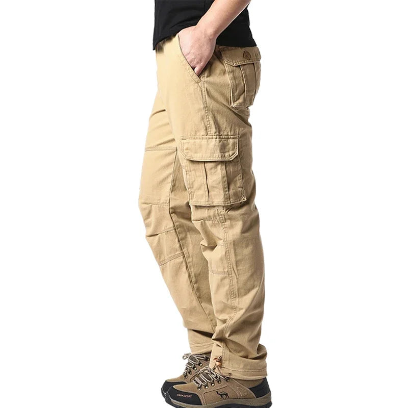 Large Pocket Loose Overalls Men's Outdoor Sports Jogging Tactical Pants Elastic Waist Pure Cotton Casual Work Pants 2026