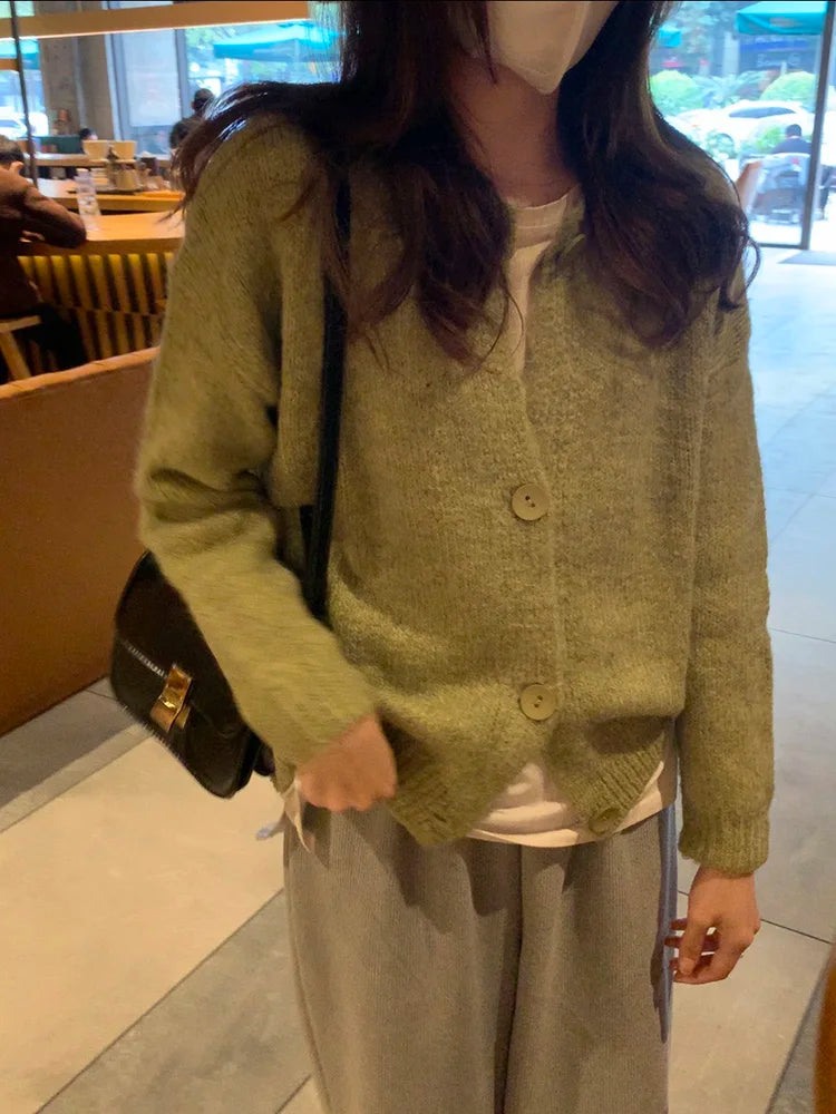 Avocado green Knitted Cardigan Sweater Women's long sleeve Vintage Outerwear Gentle Top V-neck Long Sleeve Regular Fit