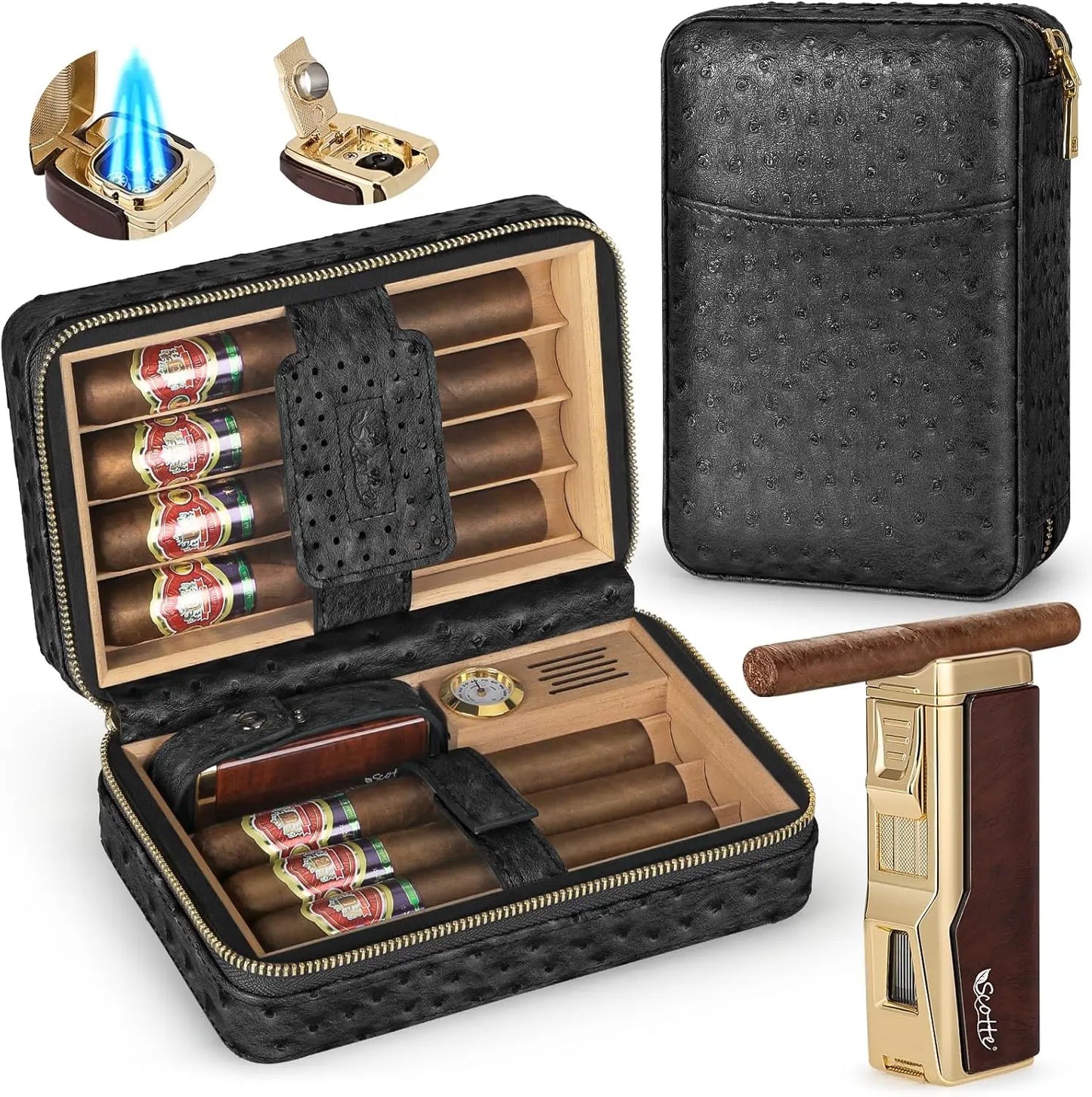 Scotte Cigar Humidor Box Cigar Lighter Cedar Wood Lined Leather Cigar Case Built in Hygrometer Humidifier with Cigar Holder Kit