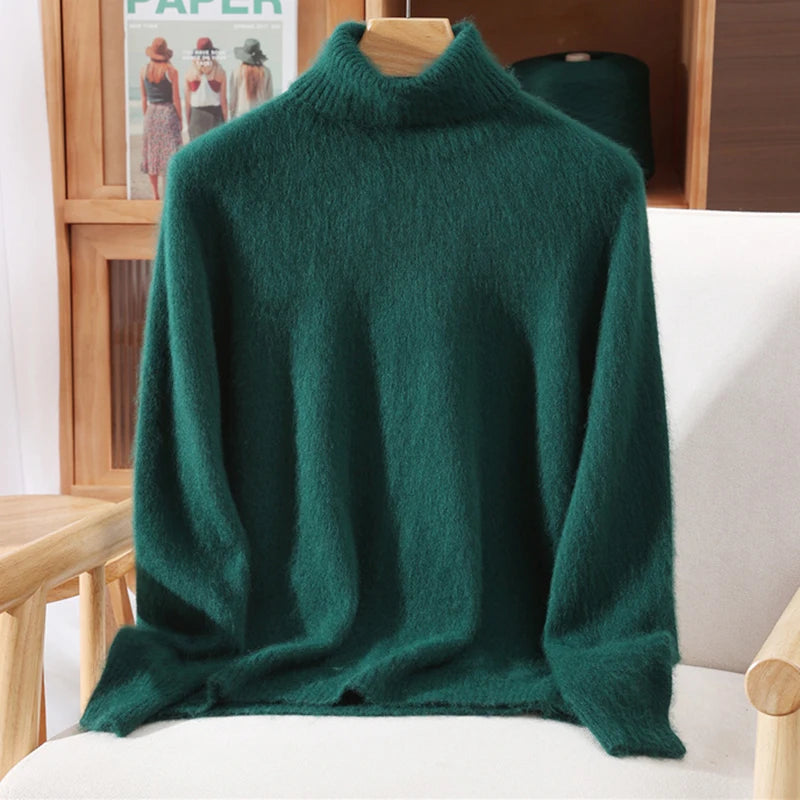 High End Mink Fur Sweater, Women's Solid Color High Collar Pullover, Cashmere Warm Sweater, Knitted Base Sweater, Autumn Winter