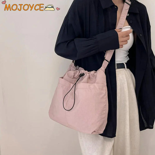 Female Nylon Shoulder Bag Large Capacity Stylish Crossbody Bag Wear Resist Drawstring Shoulder Bag Travel Shopping Commute Bag