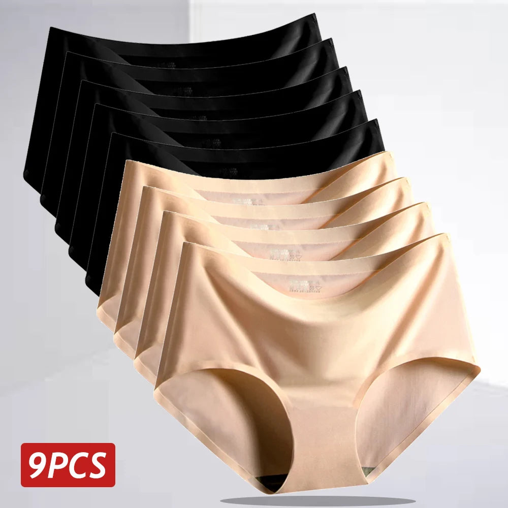 9PCS Ice Silk Seamless Panties For Women Sexy Mid Rise Underwear Female Intimate Briefs Breathable Comfort Large Size Lingerie