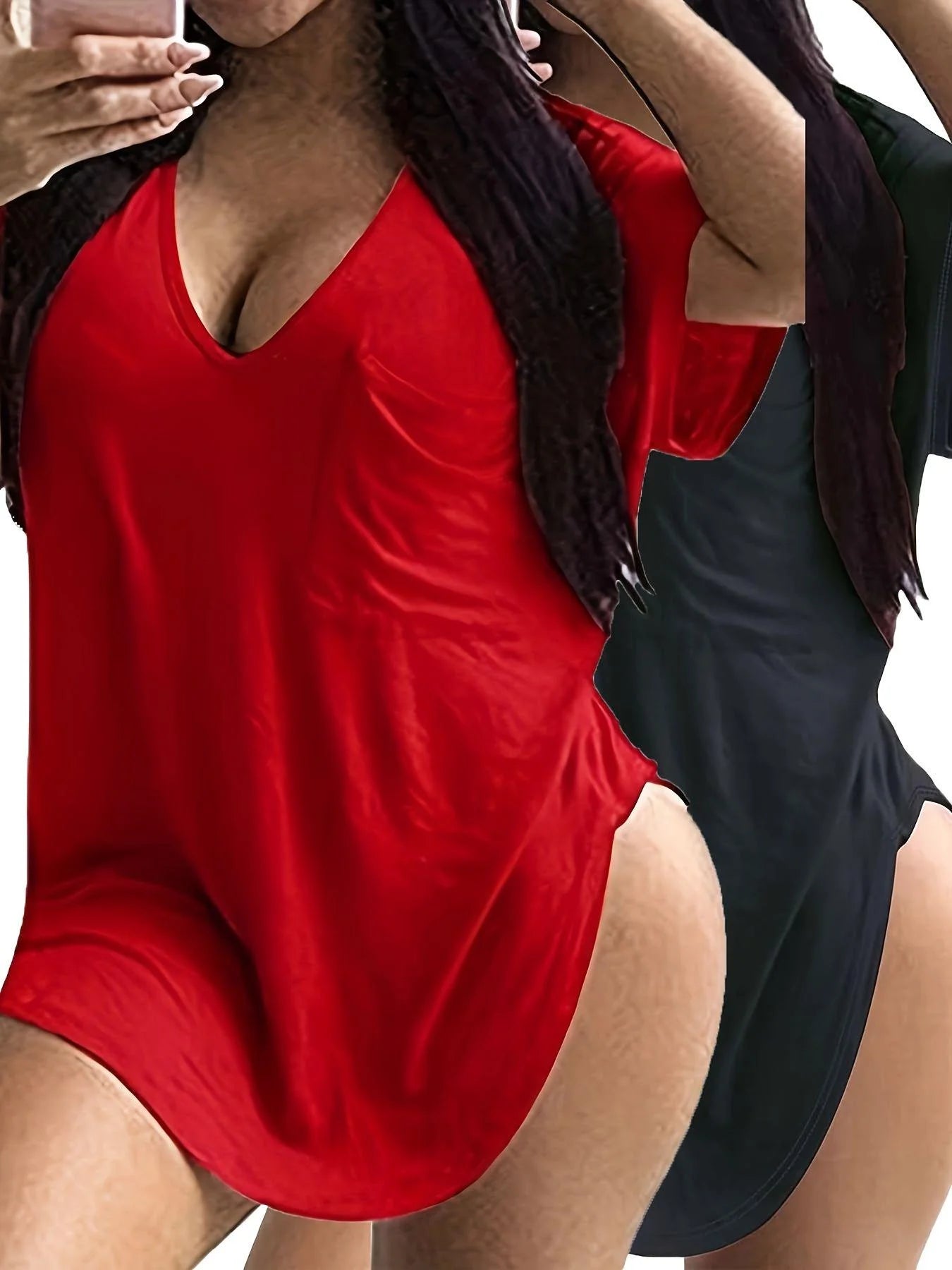 2-pack V-neck patch pocket loose short sleeve T-shirt plus size fat girl base layer irregular side slit pure desire top