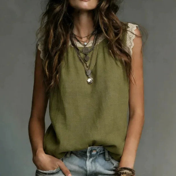 Women's Lace Trim Tank Top Summer Breathe Loose Casual Sleeveless Blouse Office Lady Solid Color Round Neck Basic Vest