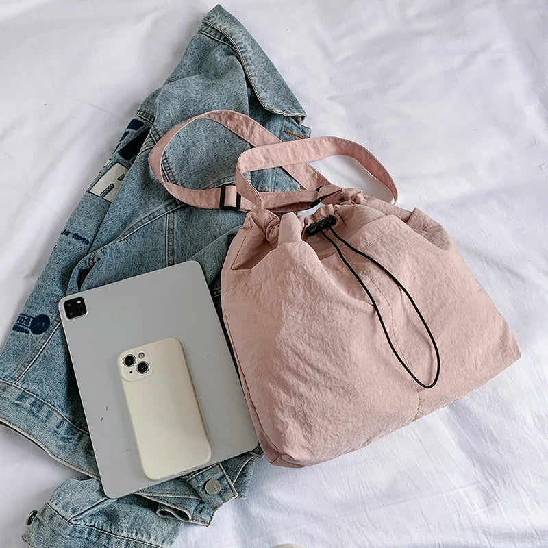 Female Nylon Shoulder Bag Large Capacity Stylish Crossbody Bag Wear Resist Drawstring Shoulder Bag Travel Shopping Commute Bag