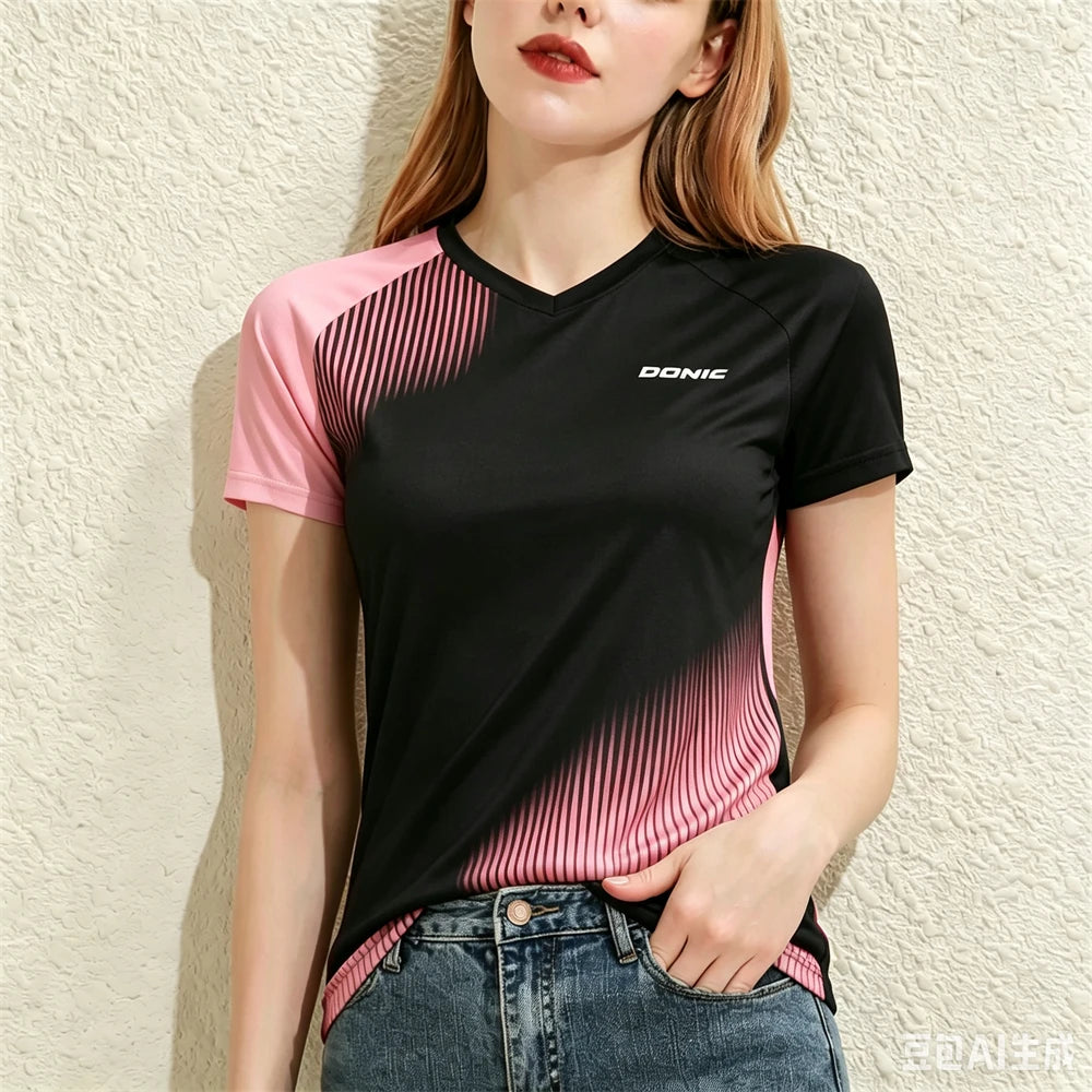 Summer Casual Women's T-shirts Table Tennis Sports Short Sleeve Tees Fashion V-neck Loose  Tops Running Training Female Clothing