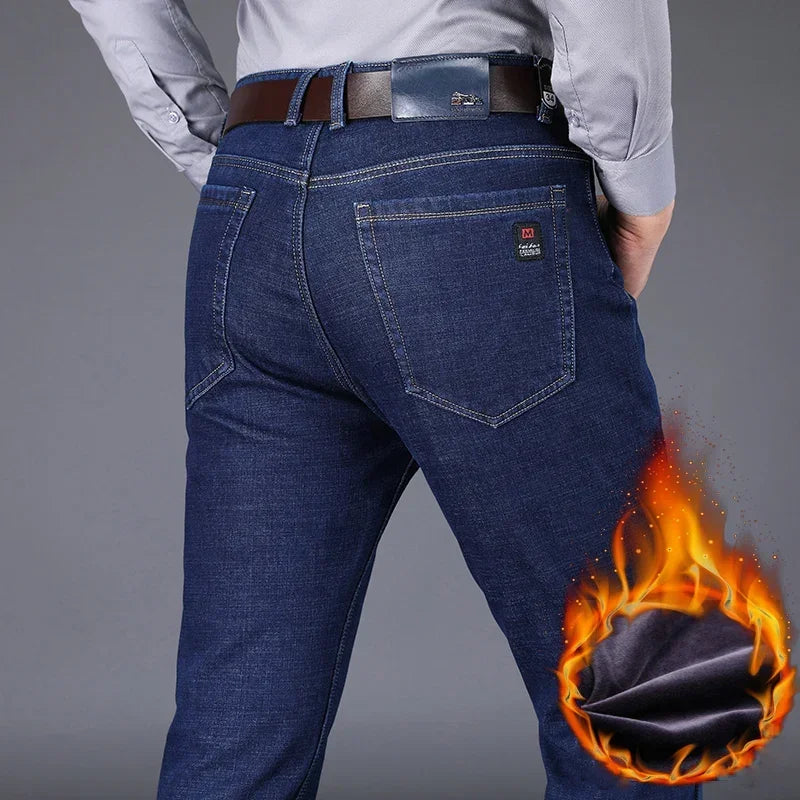 New Men's Fleece Warm Jeans Winter Thicken Plush Velvet Business Office Denim Trousers Brand Clothing Stretch Casual Male Pants