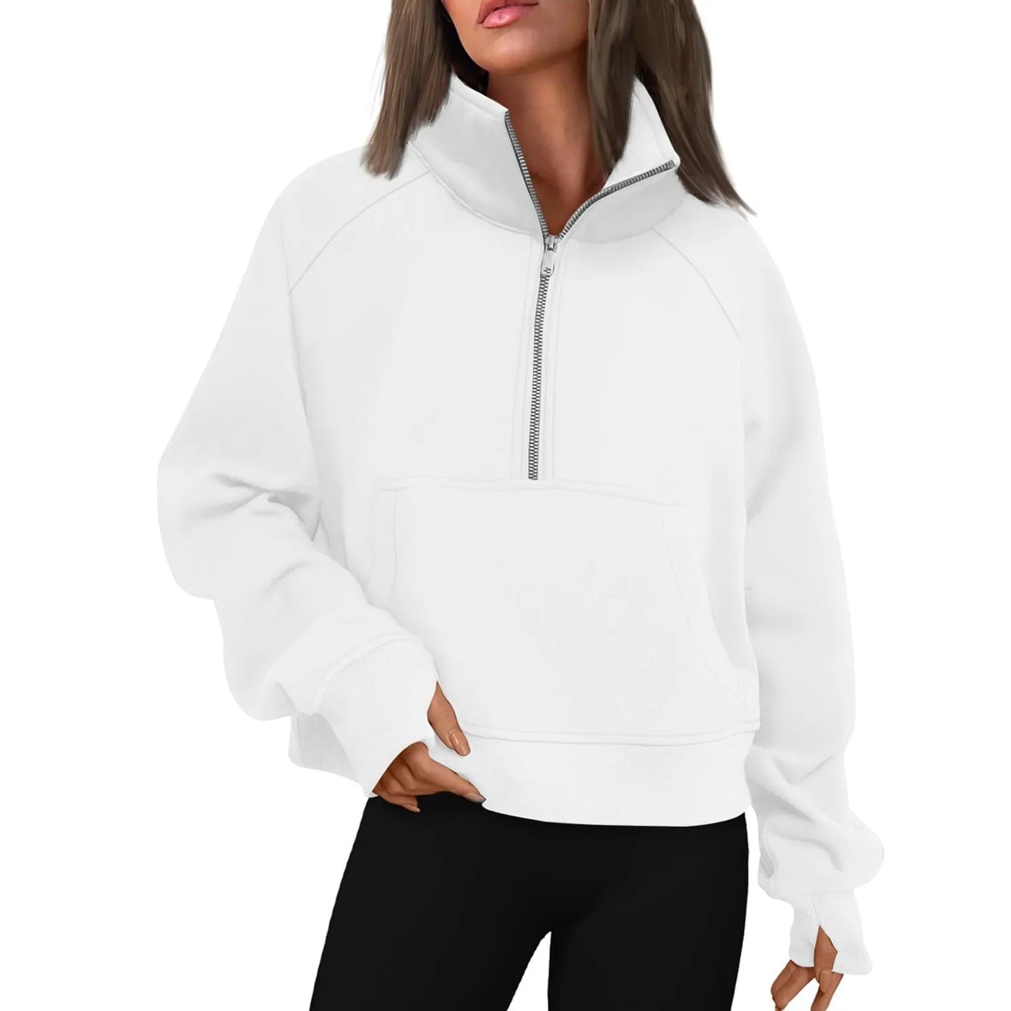 New Women's Hoodies Autumn Winter Stand Collar Plus Fleece Solid Color Sweatshirts Long Sleeve Pocket Loose Half Zip Pullover