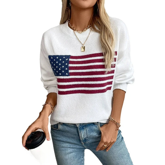 Women's sweater 2024 autumn and winter new American flag pullover crew neck cross-border knitted sweater women's clothing