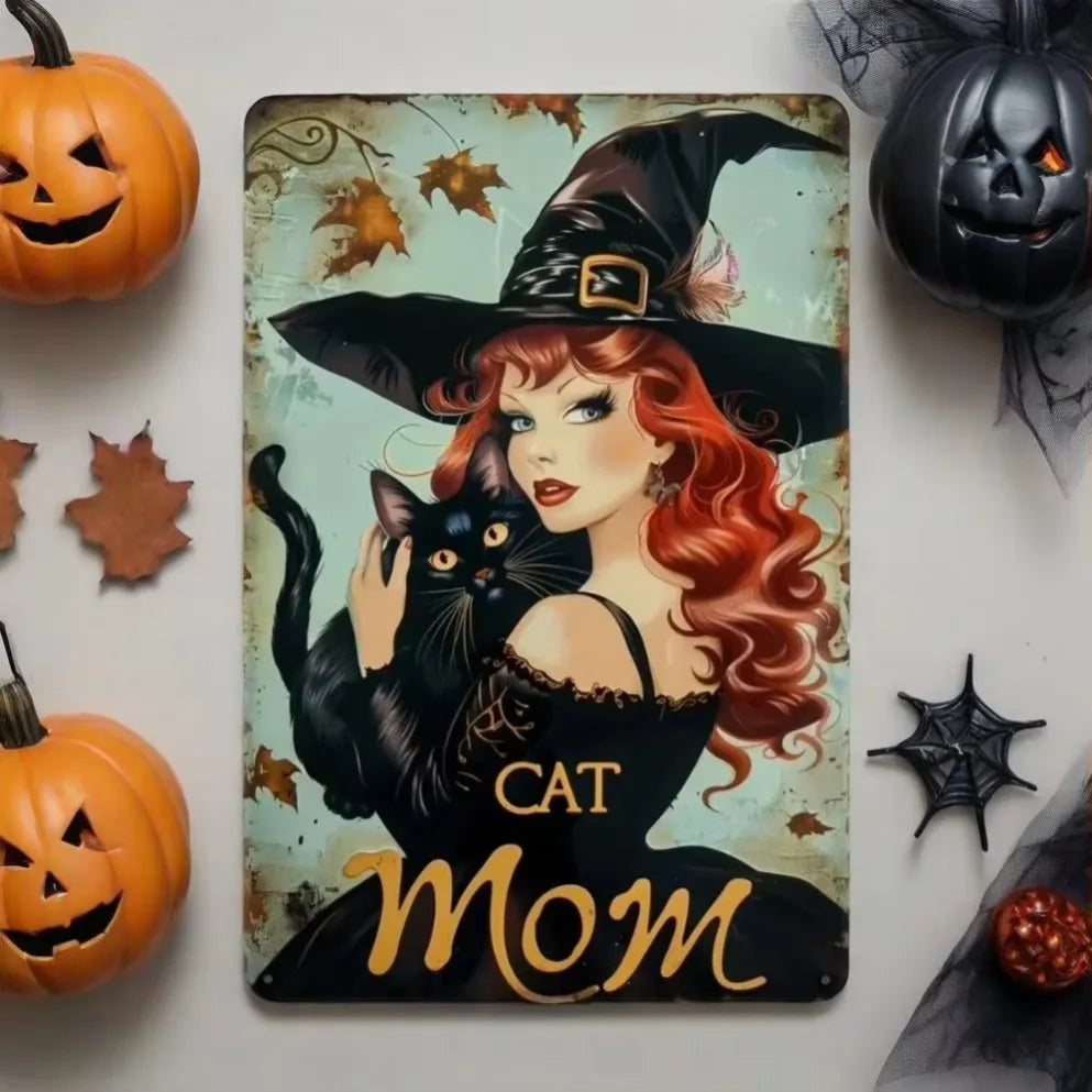 "Witch Cat Mom Playful 2D Tin Poster – Flat Plate Decorative Sign for Outdoor Whimsy"
