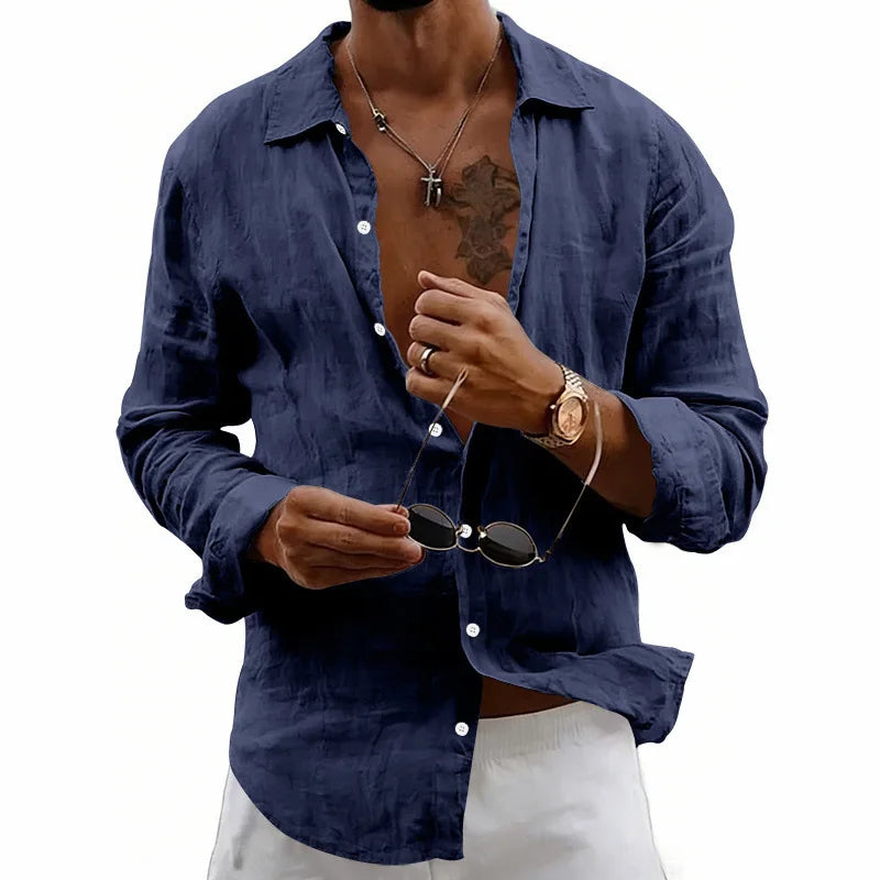 Men’s Long Sleeve Linen Shirt Button Down Casual Beach Vacation Top 2026
