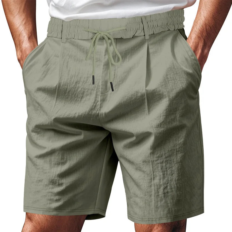Men's Linen Feel Shorts Pleated Front Drawstring Waist Casual Summer Beach Pants Lightweight Vacation Bottoms with Belt Loops