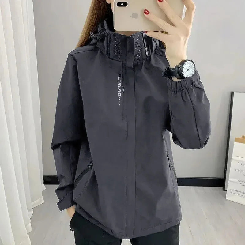 Autumn Spring Women Outdoor Jacket Windbreaker Waterproof Hooded Zipper Hiking Climbing Camping Casual Outwear Unisex Style
