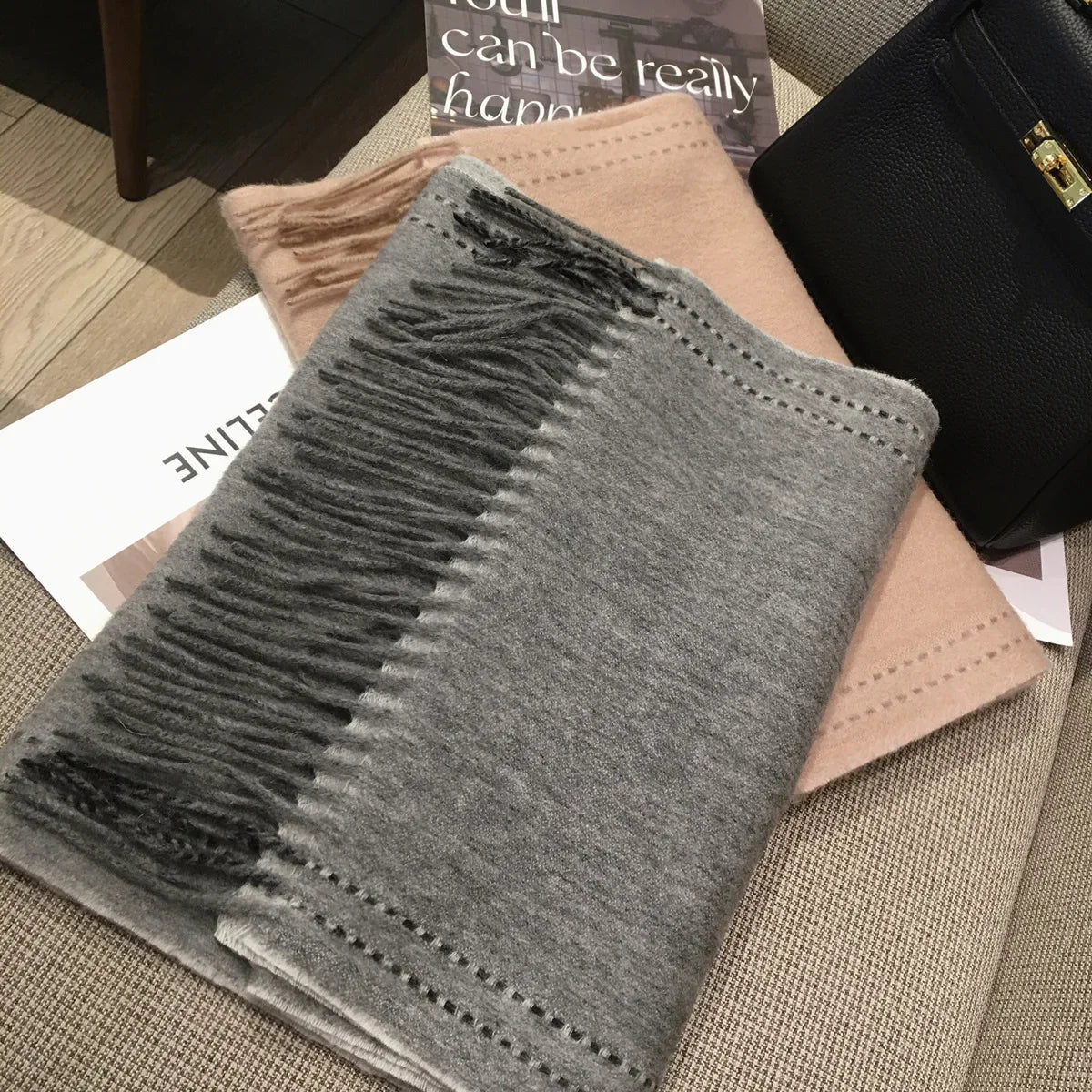 100% Wool Scarf Women's Winter Popular Solid Color Sewing Design Double sided Cashmere Shawl Dual purpose Warm Neck