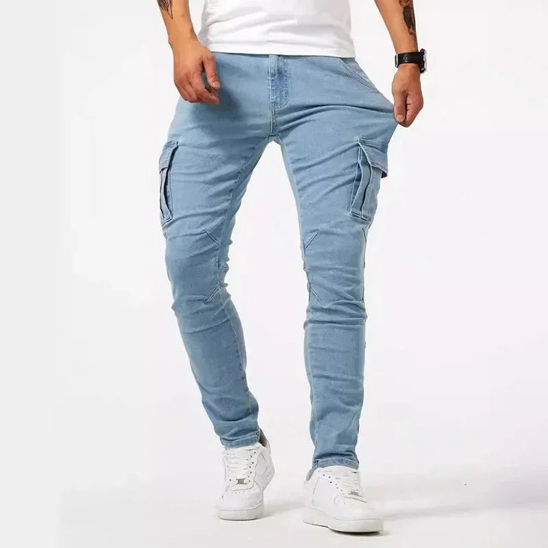 Men Casual Pencil Jeans Male Elastic Multi Pocket Small Slim High Street Denim Pants Wash Solid Color Mid Waist Cargo Jeans