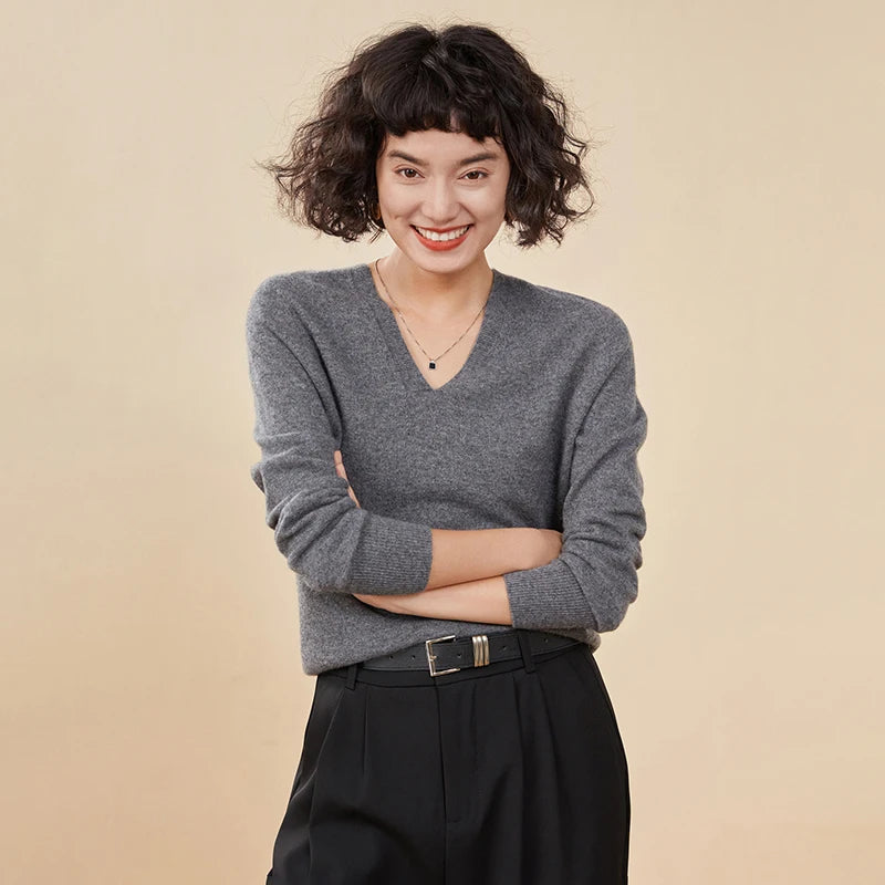 Autumn And Winter New Women's Cashmere Sweater 100% Pure Cashmere V-neck Knitted Pullover Long Sleeved Hot Selling Women's Top