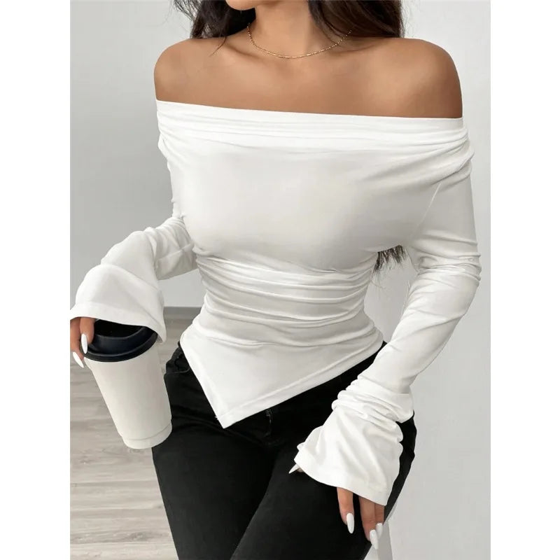 Women's V-Neck Ruched Long Sleeve T-Shirt Autumn Slim Fit Irregular Hem Top Flare Sleeve Fashion Solid Color Crop Top