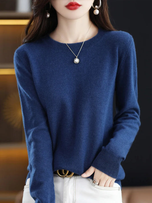 Fashion 100% Merino Wool Sweater Elegant Cashmere Pullover Women O-Neck Long Sleeve Knitwear Basic Clothing  Jumper Tops